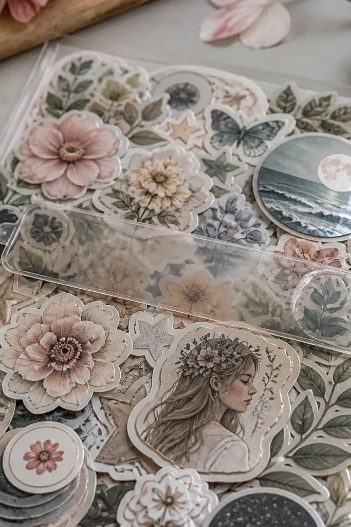 Layered sticker pieces with a clear label strip across the page