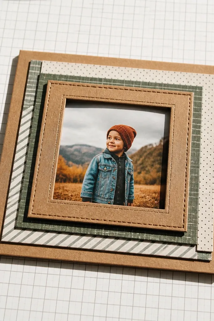 A graph paper window framed by layered paper rectangles