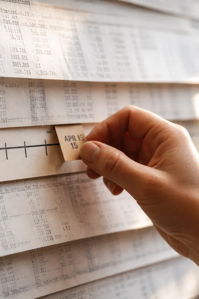 A receipt strip timeline with a folded date tag pointing to dates