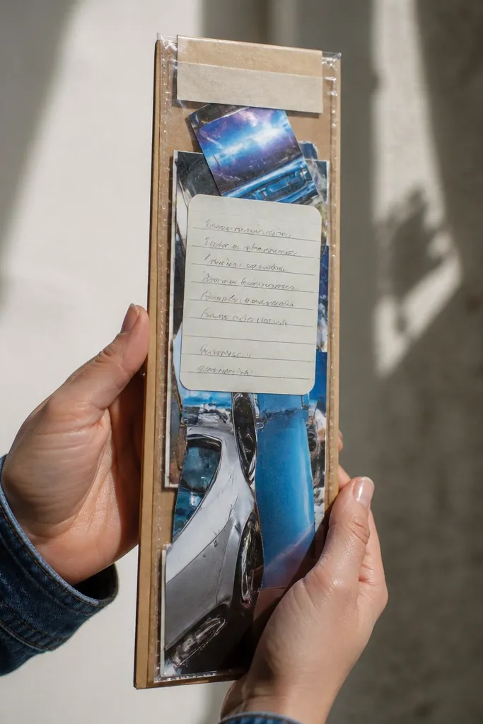 A long skinny pocket holding glossy cutouts and a small note strip