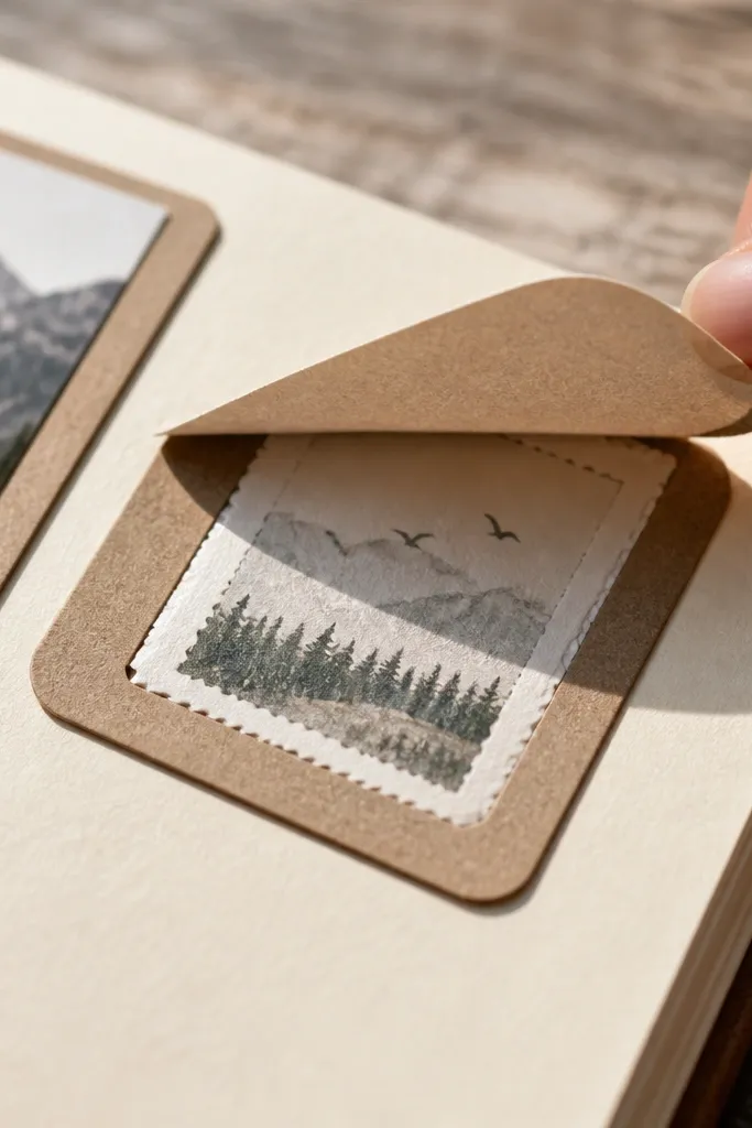 A corner flip frame with a rounded tab and a small card inside