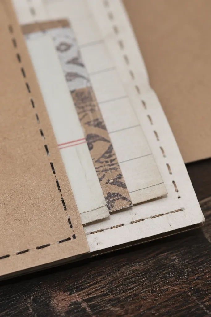 A stitched-edge frame on paper with layered scraps inside a neat rectangle
