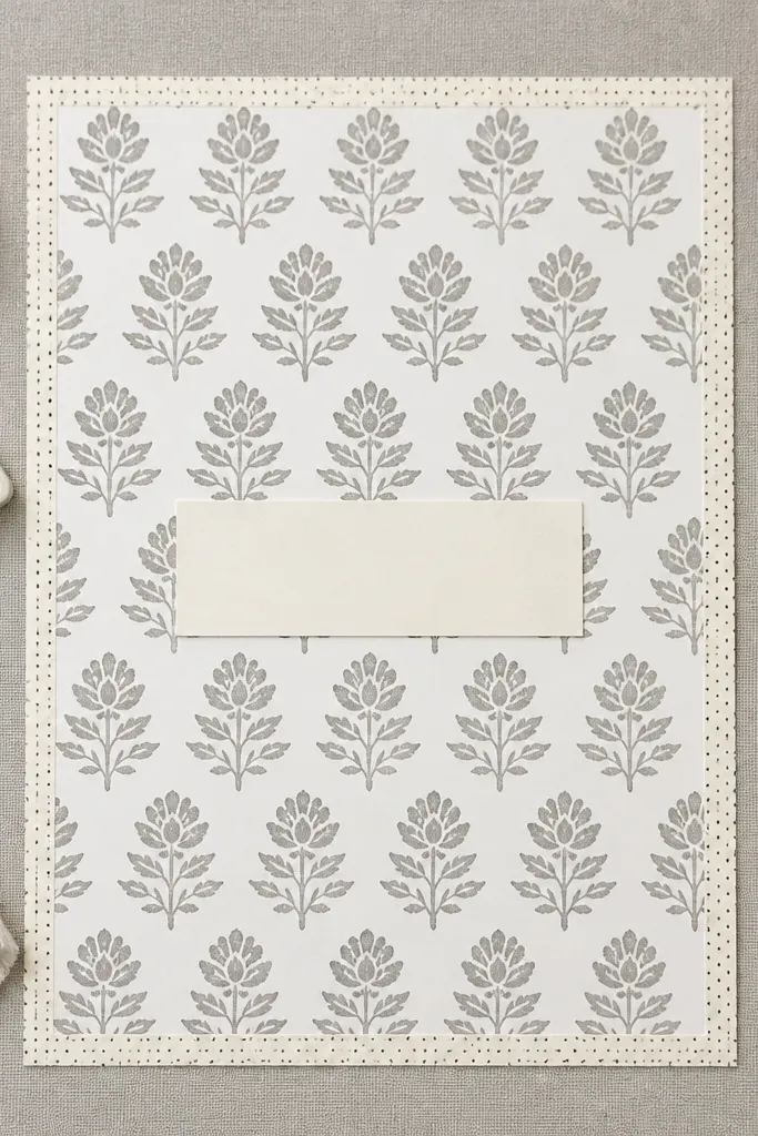A stamp-pattern background with a washi border and a plain label strip