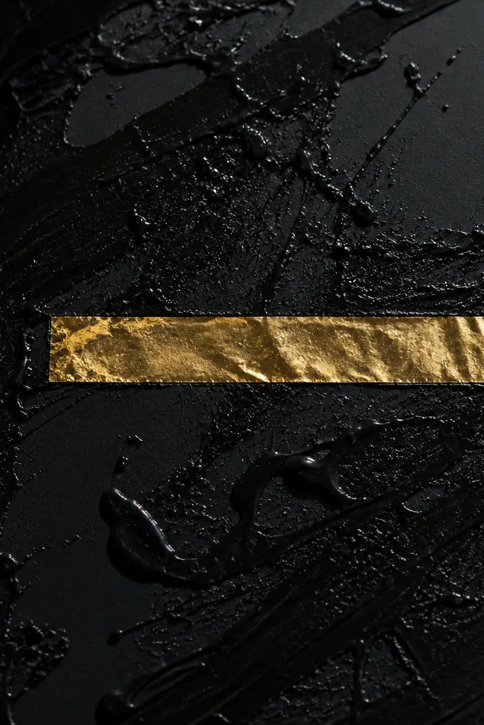 A black splatter background with a gold foil quote strip on a junk journal page