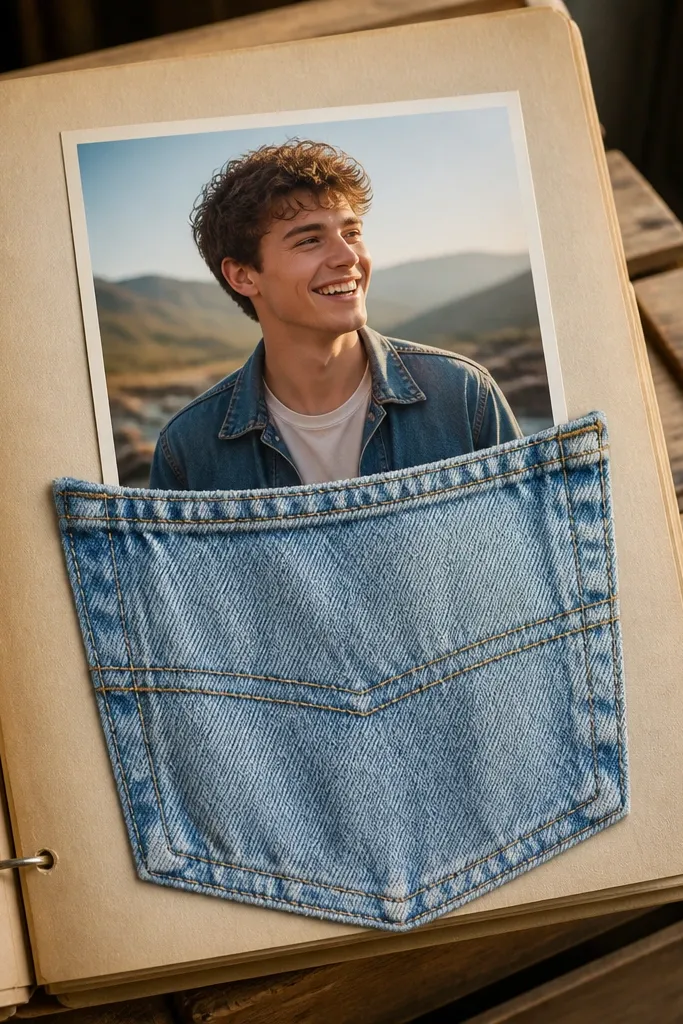 Small denim pocket sewn on a scrapbook page with a centered and cream border