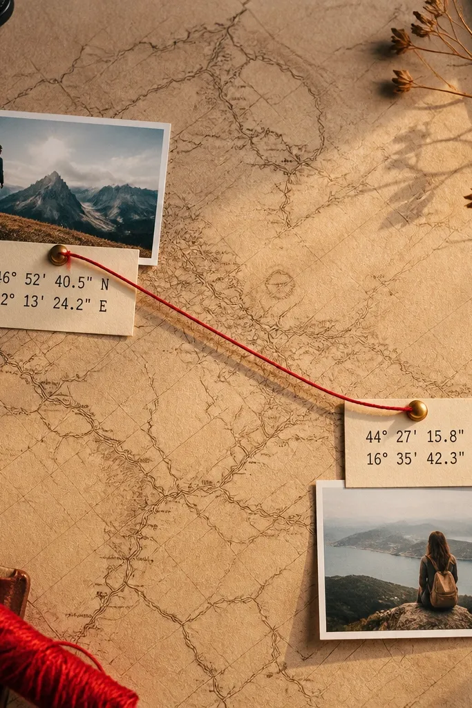 Cream page with printed coordinates and a red thread line connecting two points