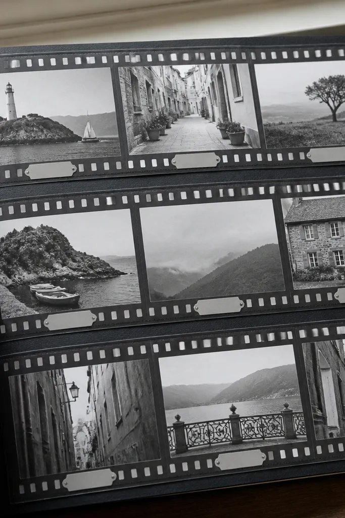 Black-and-white film strip style layout with small caption strips under each