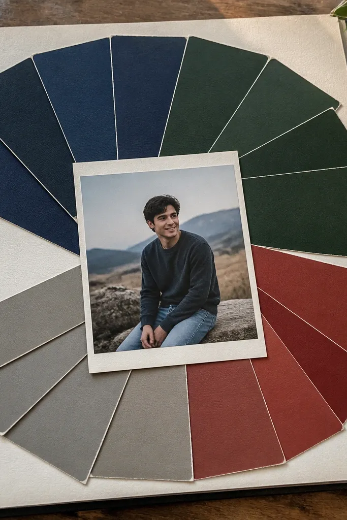 Paint chip swatches arranged like a fan with two photos and a handwritten caption