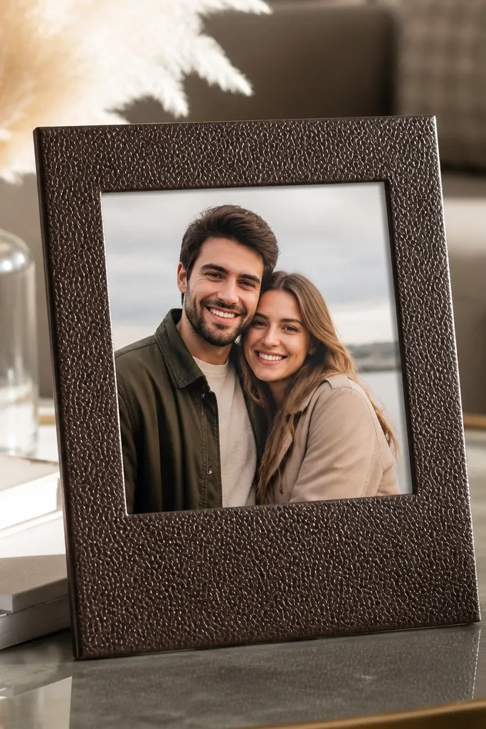 Brown faux leather label and a white polaroid-style frame on a cream page