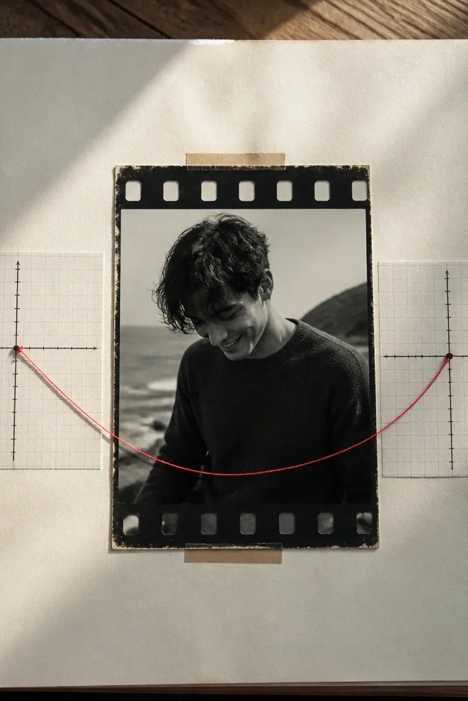 Cream page with a printed coordinate line and a small film frame at center