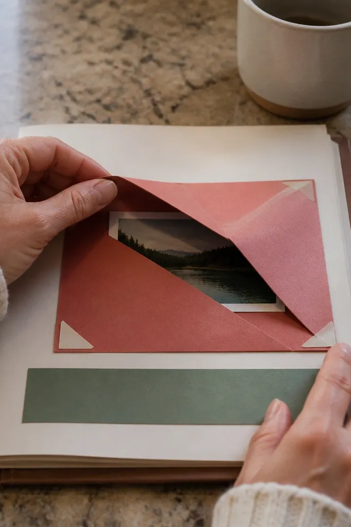 A folded note pocket on a scrapbook page with a small hidden behind it