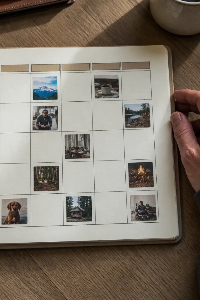 Weekly grid with small squares and a bold row of handwritten highlights