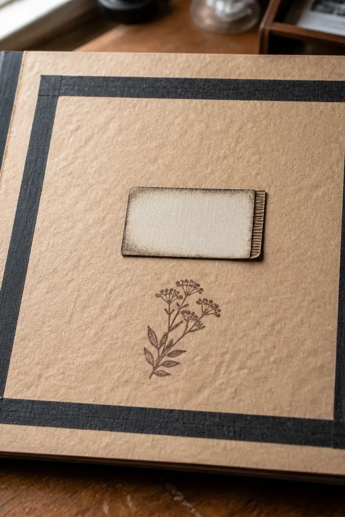Brown paper bag cover with a black washi tape border and a small label patch