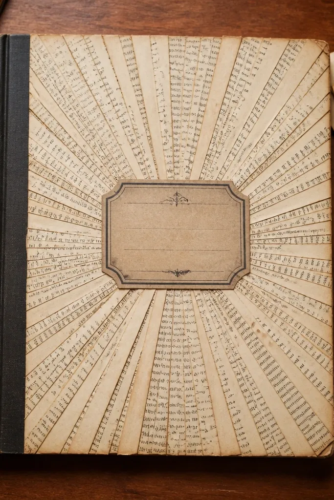 Old book pages arranged in a sunburst with a beige label title patch