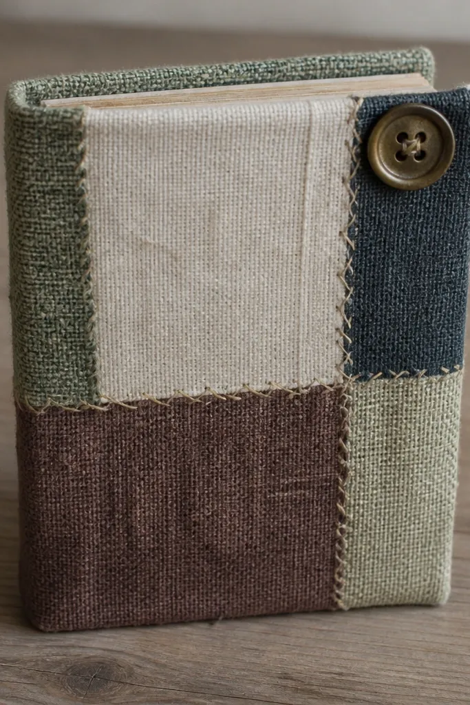 Cream fabric cover with neatly folded edges and a small button at one corner
