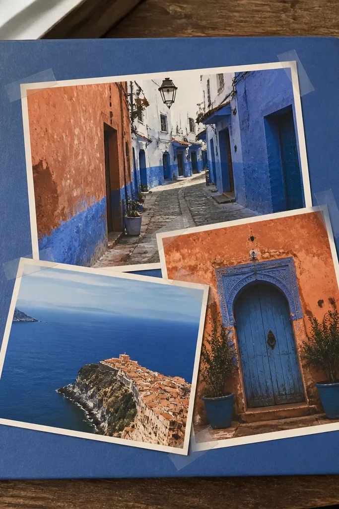 Layered postcards on a dark background held down with clear tape hinges