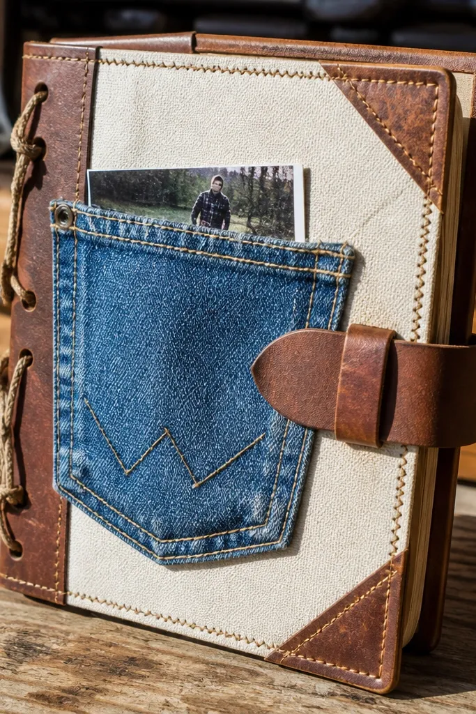 Denim pocket on a light neutral cover with a small leather strap loop detail