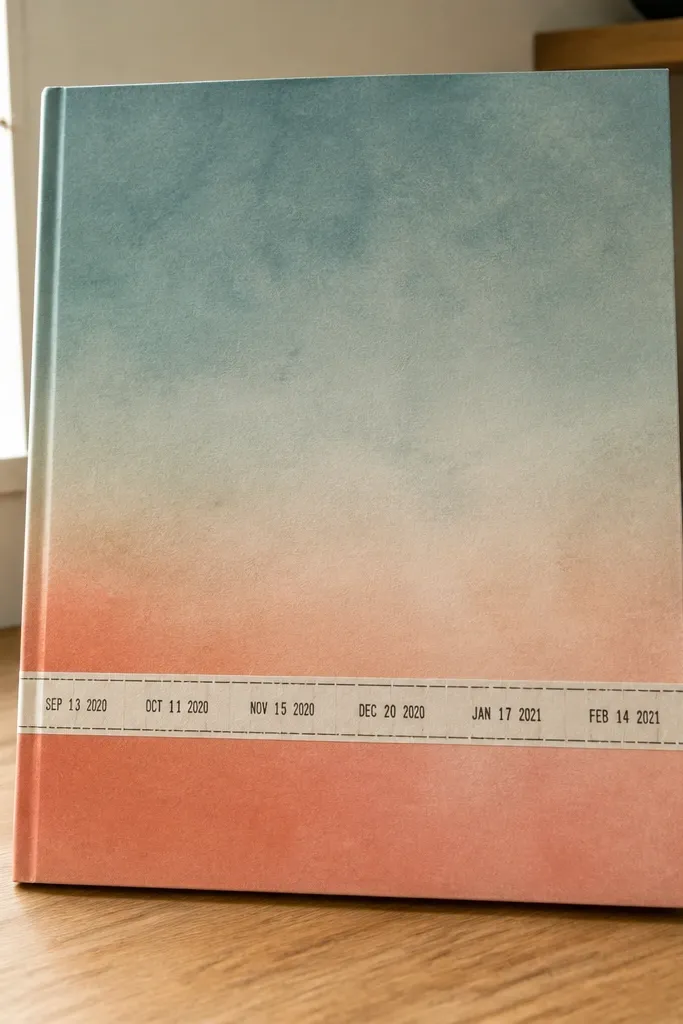 Soft watercolor wash cover with a stamped date strip across the bottom