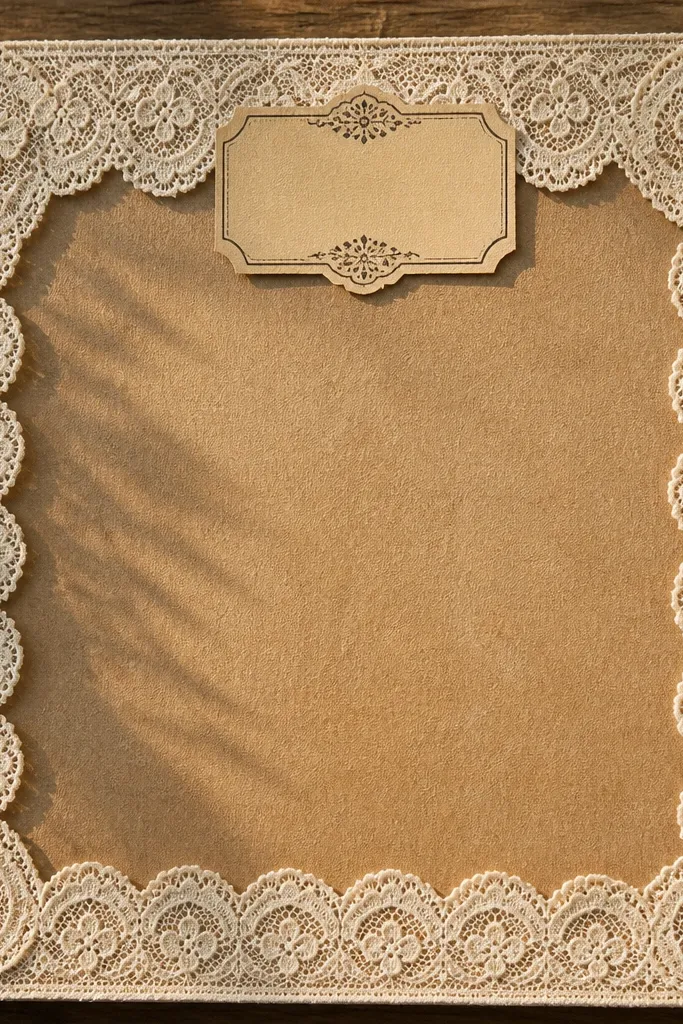 Kraft paper center framed by lace trim on a darker background
