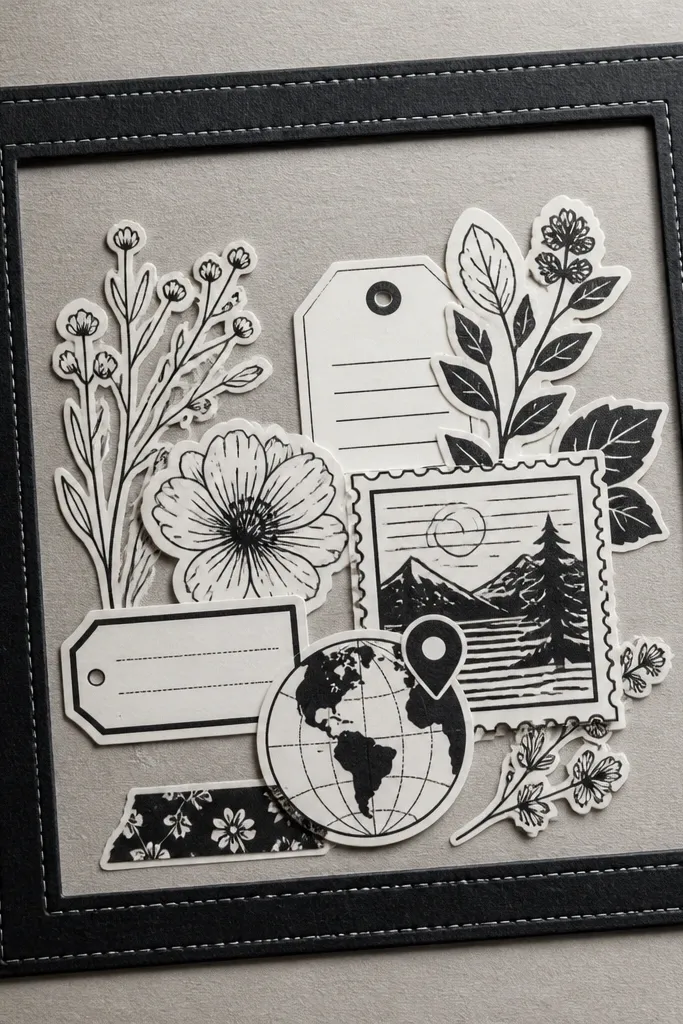 Black-and-white sticker cluster inside a drawn stitched rectangle frame