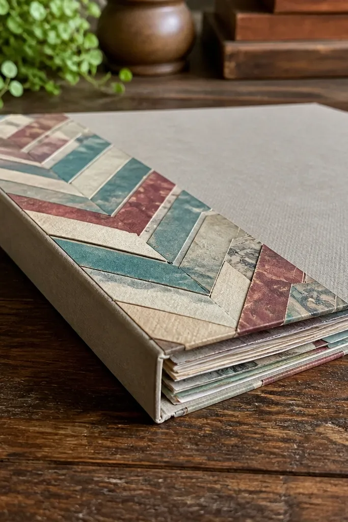 Chevron pattern made from magazine cutouts with a clean spine-aligned edge