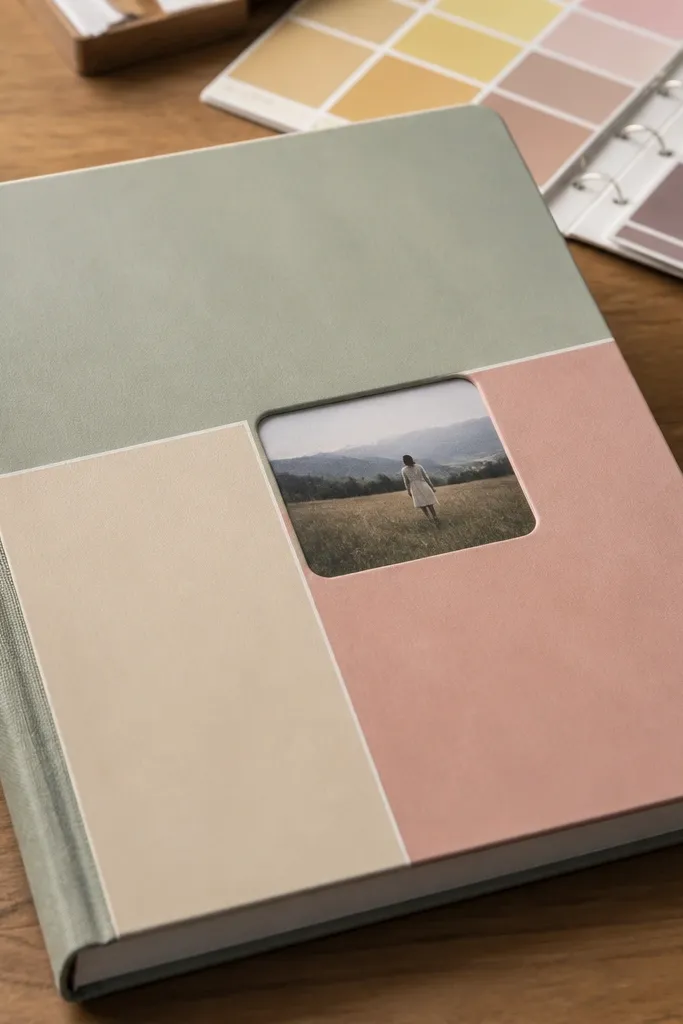 Color-block cover using paint chips with a small window in the center