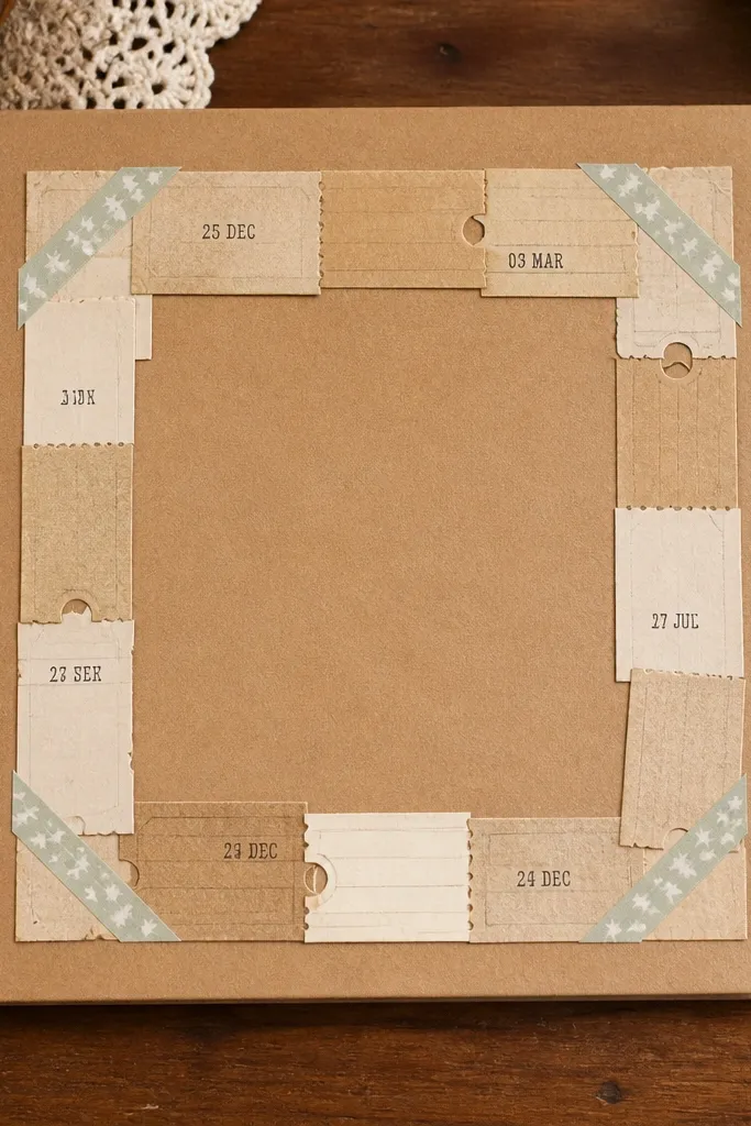 Light background with a border made from ticket stubs and small washi accents at corners