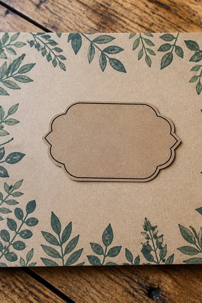 Green leaf stencil border with a hand-cut kraft tag centered on a cream cover