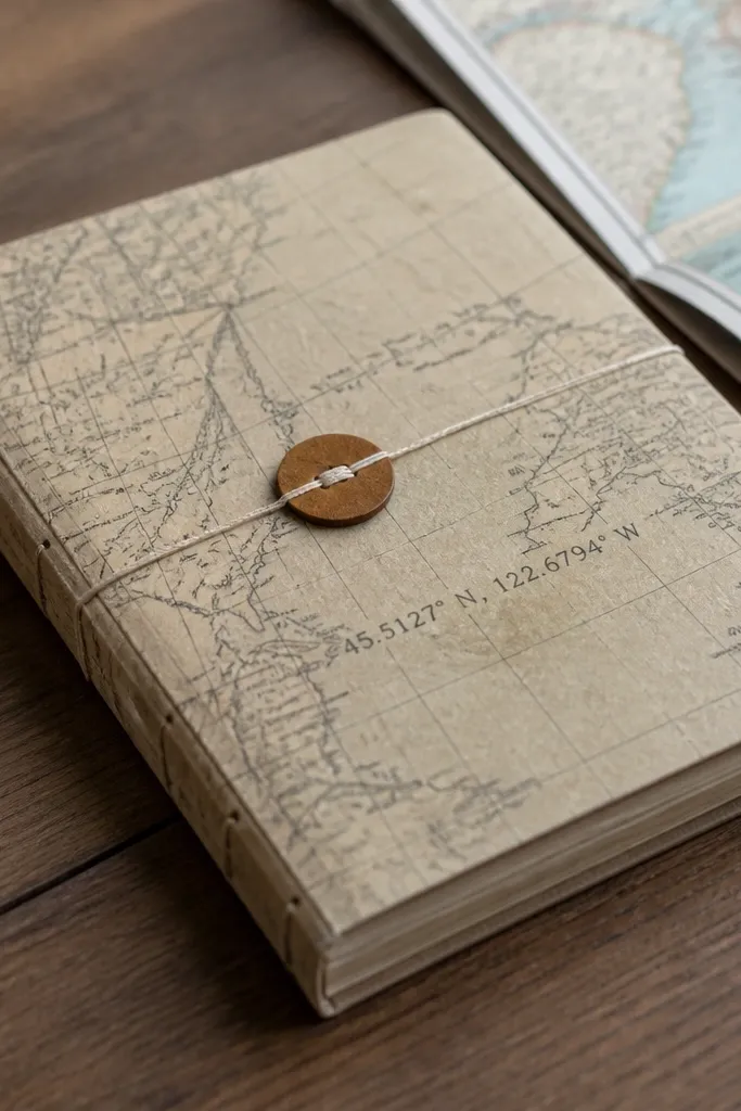 Old map paper cover with printed coordinates and a button pinned with thread
