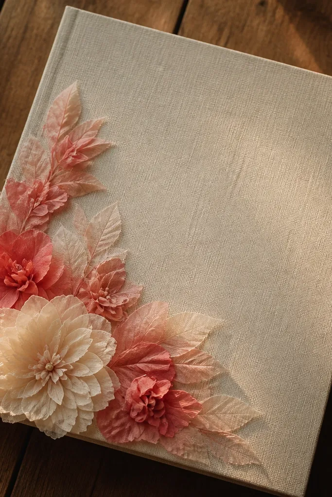 Tissue paper floral cluster on a neutral cover with a matte sealed surface