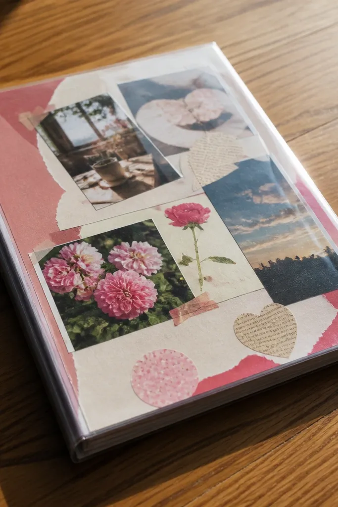 Collage background under a clear plastic sheet with clean cut edges
