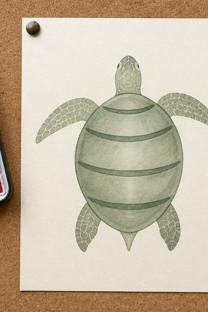 Simple sea turtle with an oval shell, light body, and dark shell edge accents