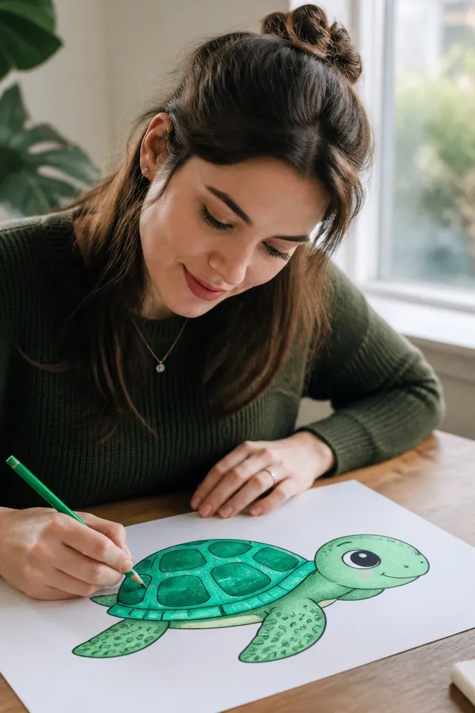 Cartoon sea turtle with a large eye, rounded flippers, and tiled shell pattern