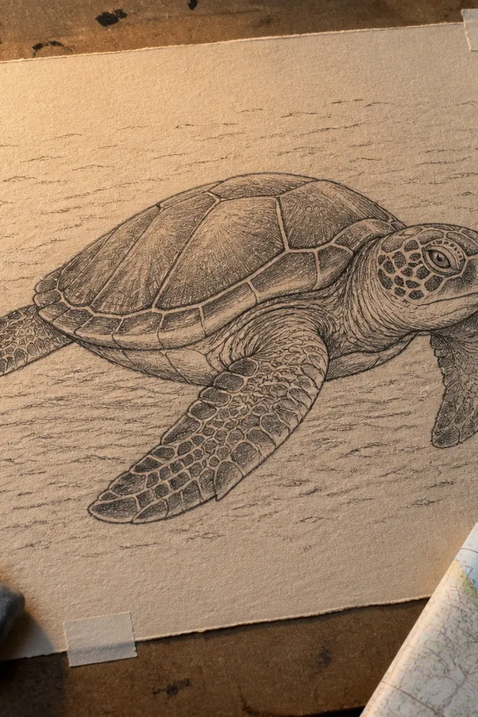 Sea turtle drawing on sand with simple wave marks and textured shading