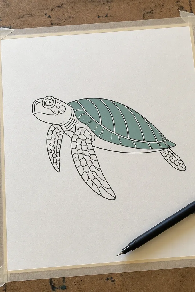 Single-line sea turtle outline with smooth shell ridges and minimal color
