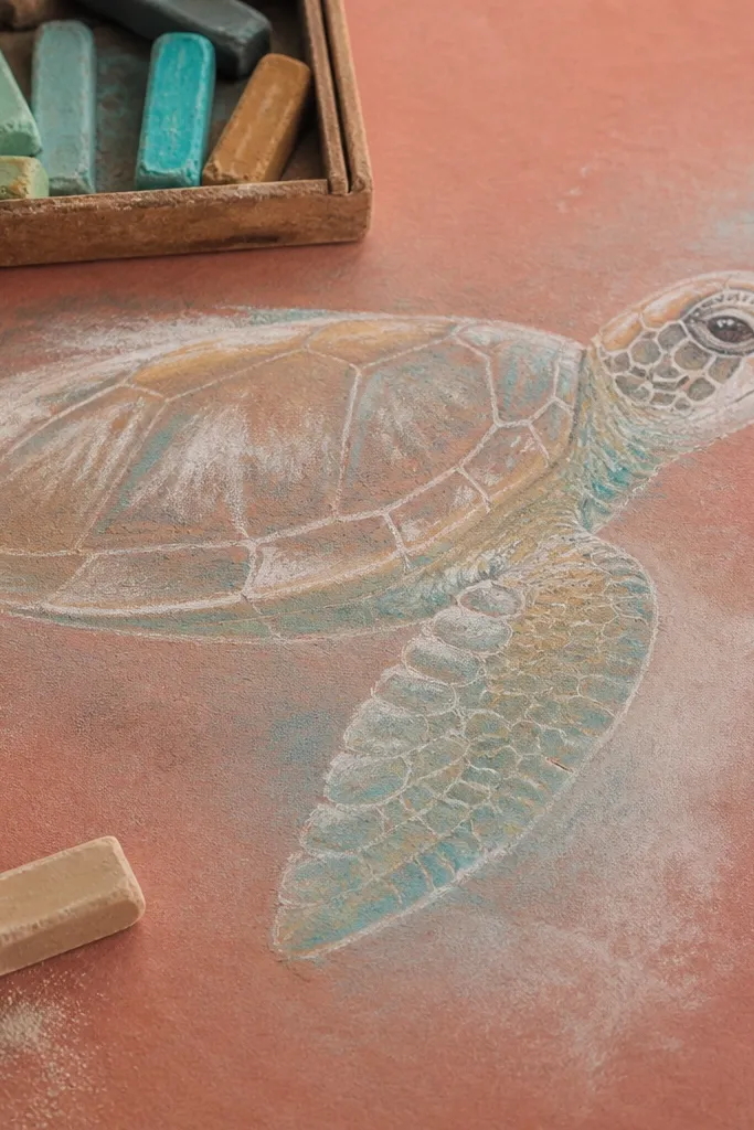 Sea turtle with soft chalk-like shading, pale shell, and gentle darker edge