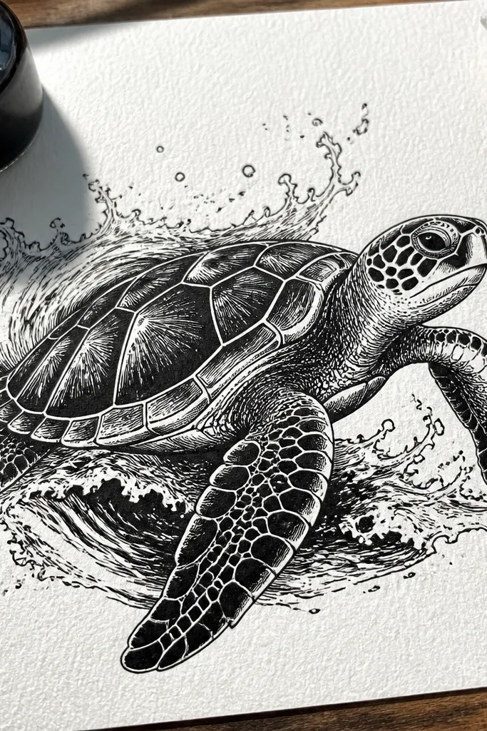 Black ink sea turtle with bright white highlights and splashed wave background