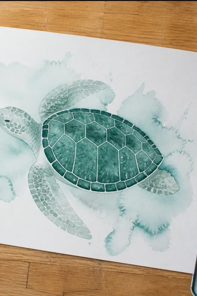 Watercolor sea turtle with soft body wash and crisp shell pattern lines