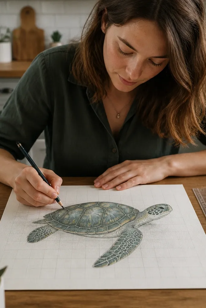 Sea turtle drawing with accurate proportions and clean shell pattern bands