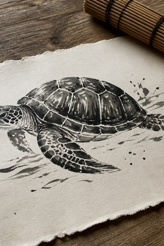 Ink sea turtle with brushy texture strokes and bold shell outline