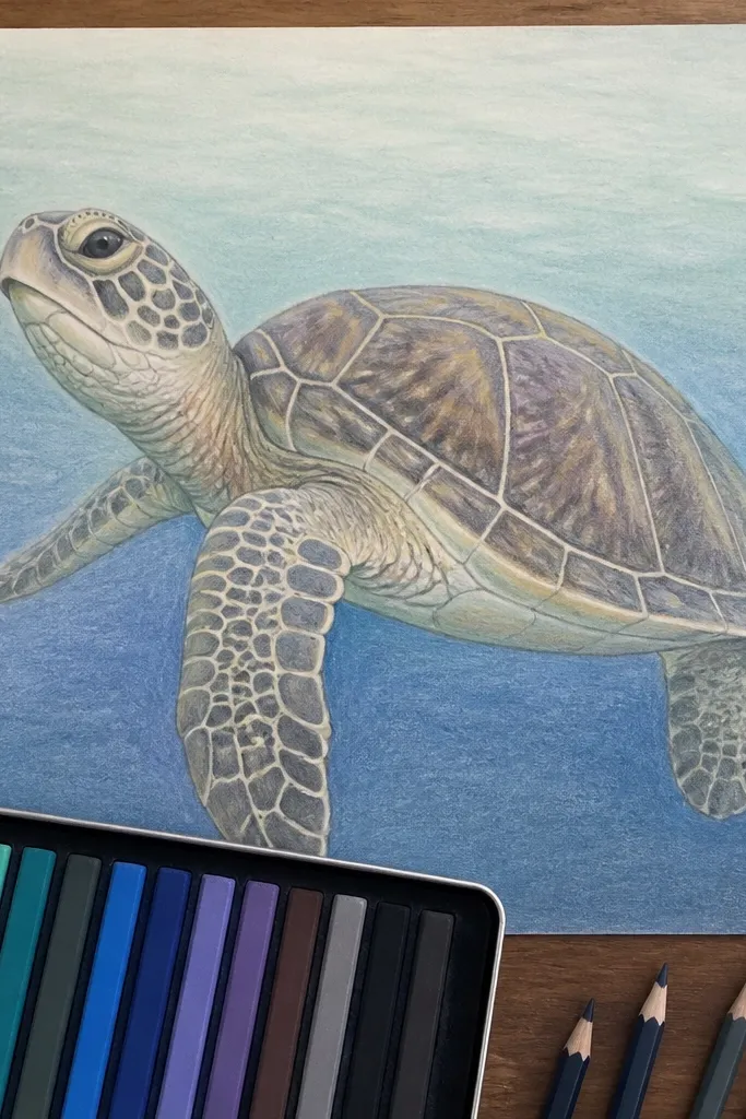 Sea turtle with pastel pencil shading and a smooth blue ocean gradient behind