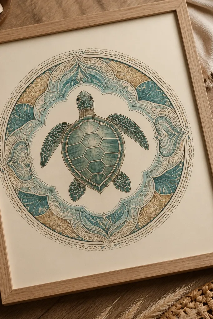 Sea turtle centered inside a circular mandala frame with simple shell details