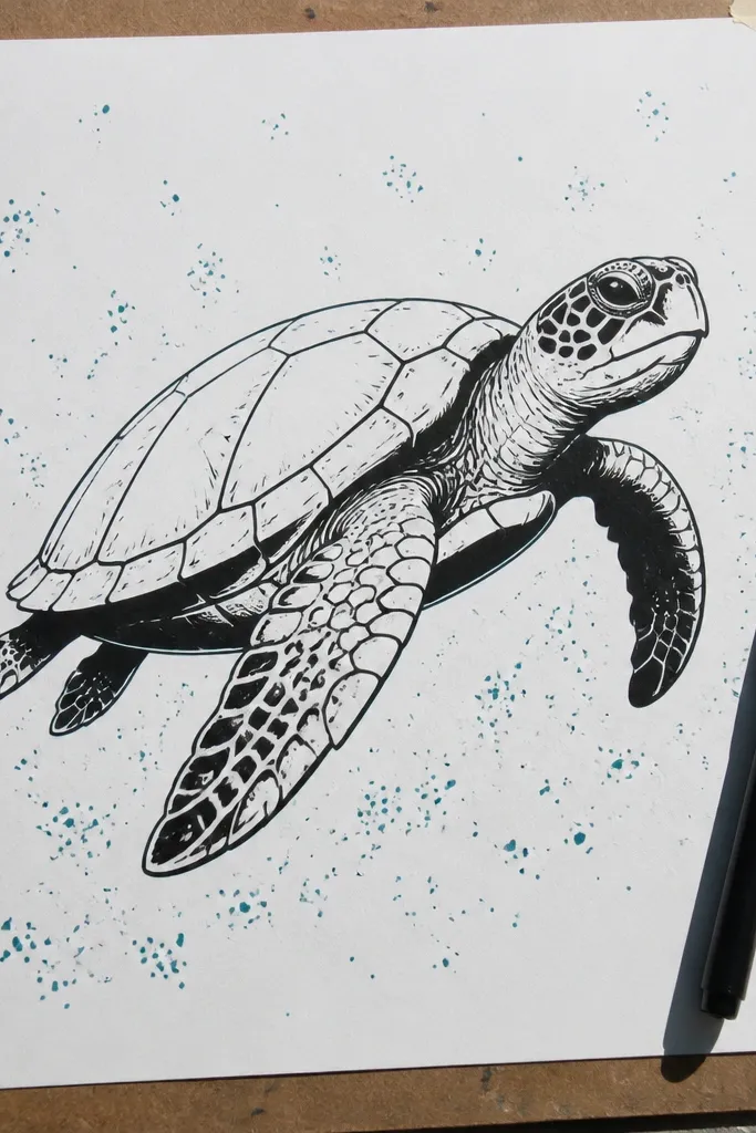 Cartoon sea turtle with bold shadow shapes and speckled water background