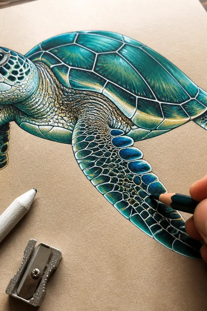 Sea turtle with darker shell edges and bright highlight edges on shell and flippers