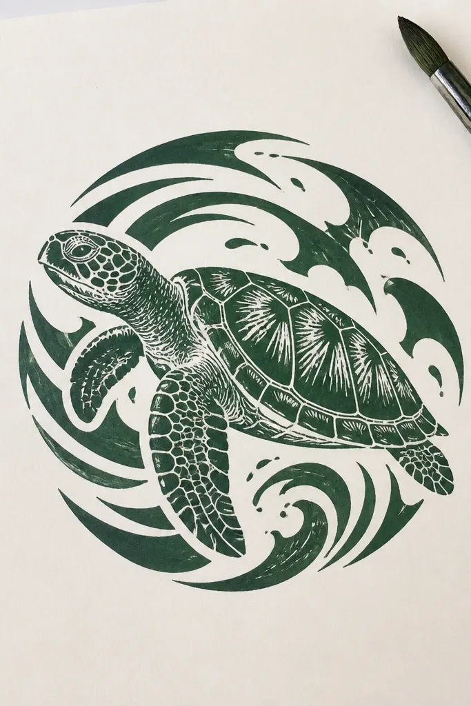 Sea turtle drawn in one dark color with negative-space wave shapes behind