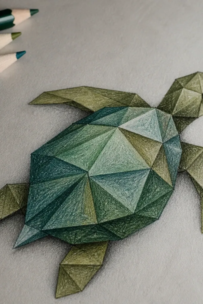 Sea turtle with angular fold lines and geometric shell facets