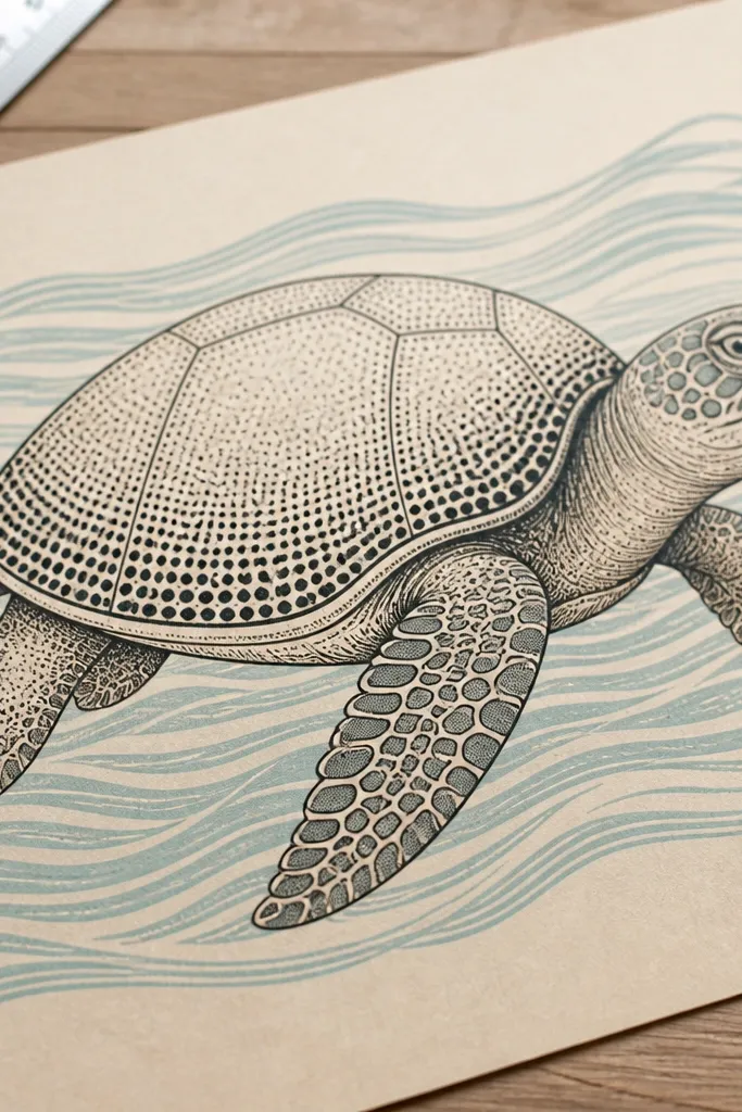 Sea turtle with retro halftone dots on shell and flippers