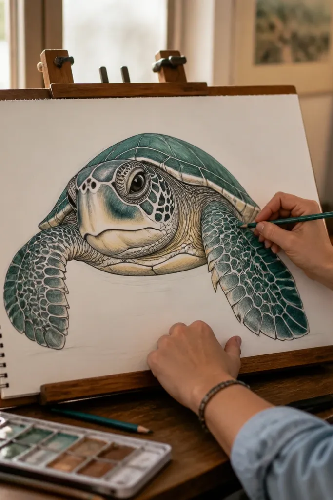 Sea turtle facing forward with flippers extended and bold shell outline