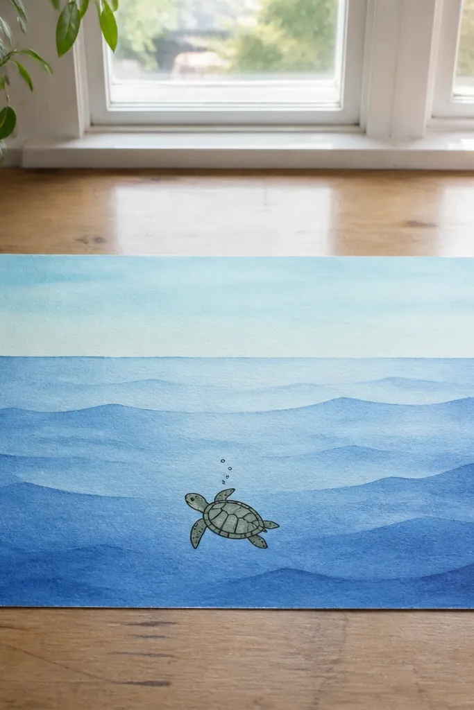 Small sea turtle near center with large blue ocean background and minimal details