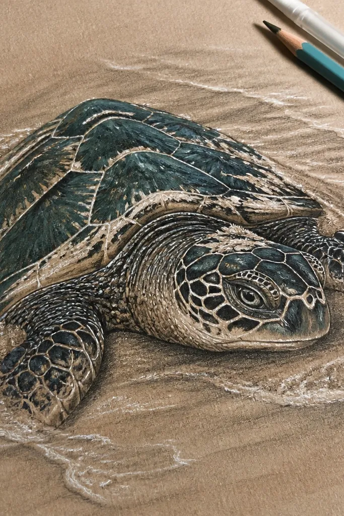 Sea turtle half-buried in sand with cracked shell highlights